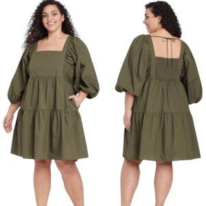 Target A New Day Puff Short Sleeve Tiered‎ Mini Dress Military Olive Green XXL